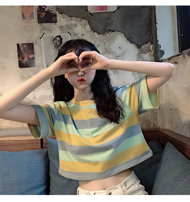 Cute Colors Striped Cropped Shirt
