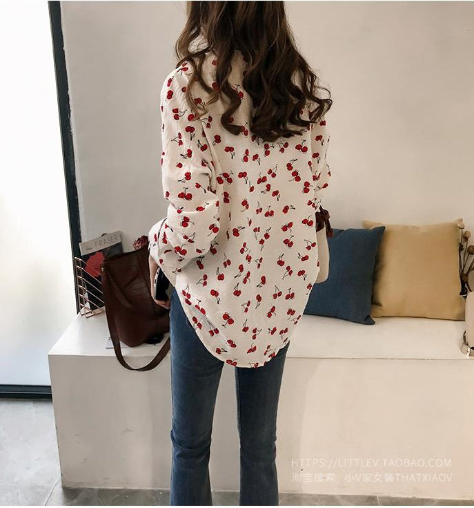 Cherries Full Printed Long Sleeve Blouse Shirt