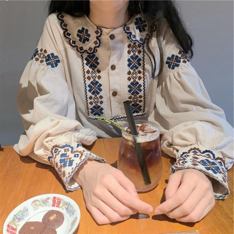 Langärmliges Retro-Bluse-Shirt mit Stickerei 