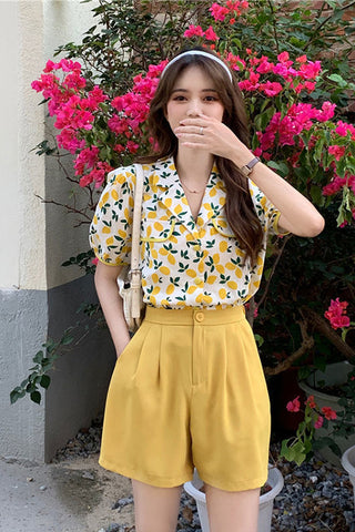 Floral Puff Sleeve Turn Down Collar Blouse Shirt