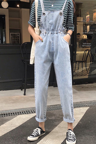 Loose Pocket Blue Denim Jumpsuits
