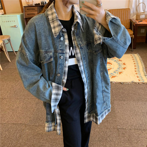 Plaid Spliced Loose Denim Jacket