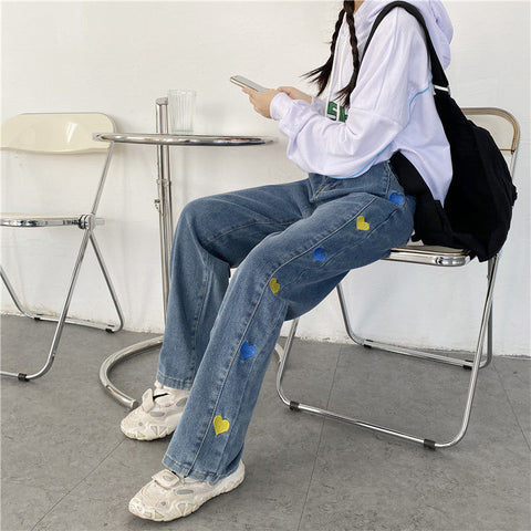 Color Heart Side Pattern Embroidery Jeans