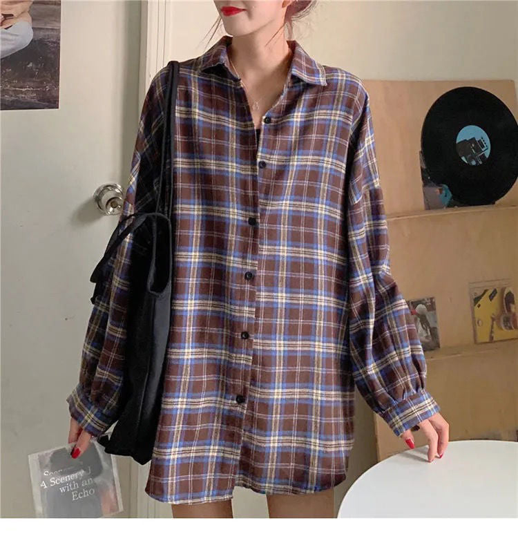 Long Sleeve Cute Plaid Loose Shirt