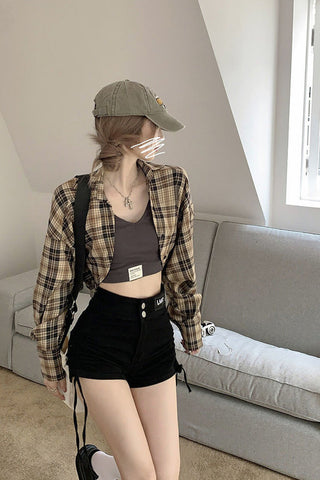 Retro Fledermausärmel kurze karierte Hemden 