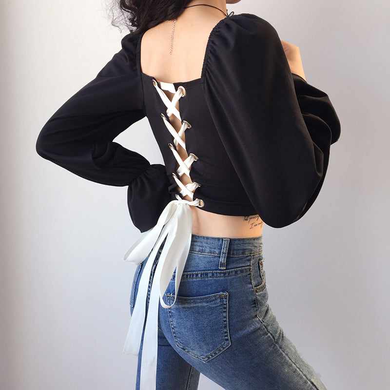 Back Belt Puff Sleeve Crop Tops