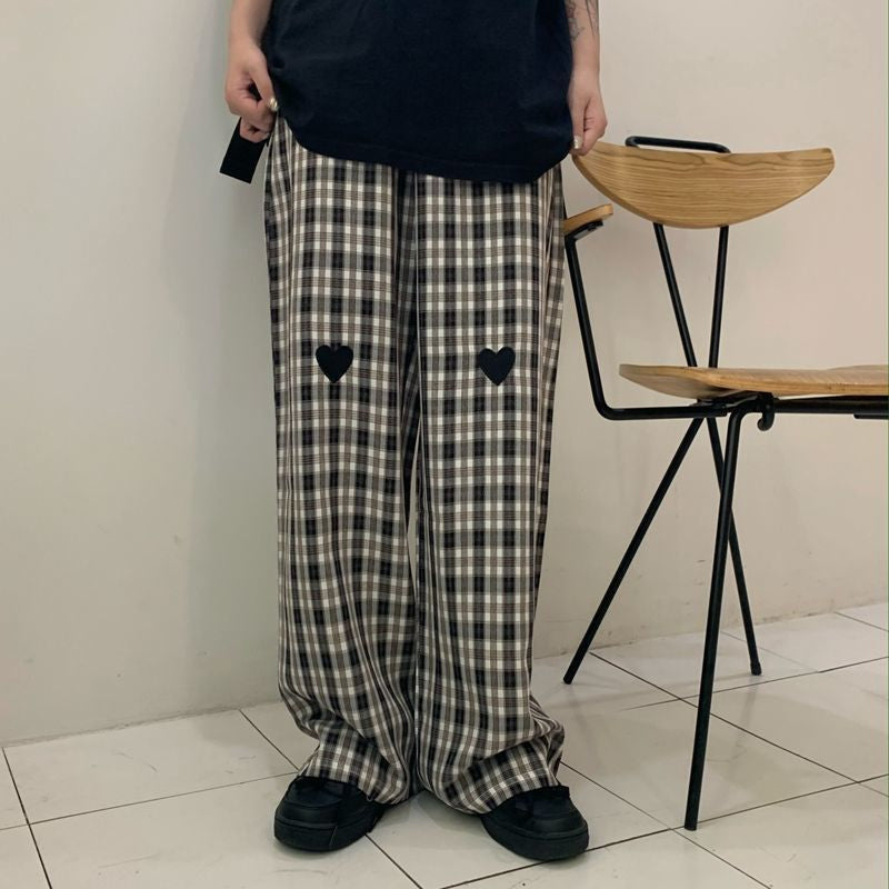 Casual Plaid with Heart Loose Pants