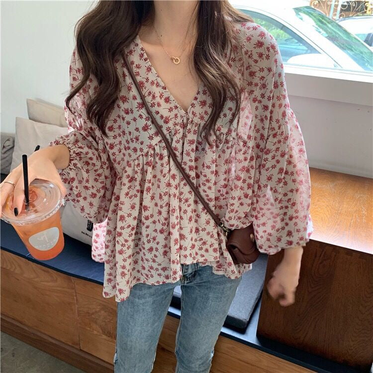 Long Sleeve V-Neck Elegant Flowers Blouse Shirt