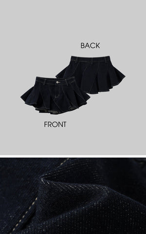 Asymmetric Pleated Denim Mini Skirt with Built-in Shorts