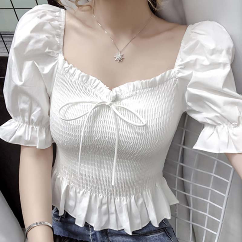 Puff Sleeve Slash Neck Cropped Blouse