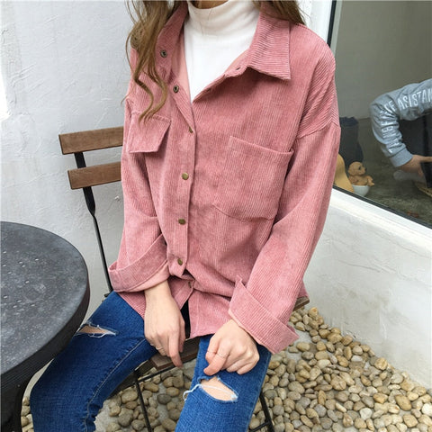 Loose Solid Long Sleeve Corduroy Tops