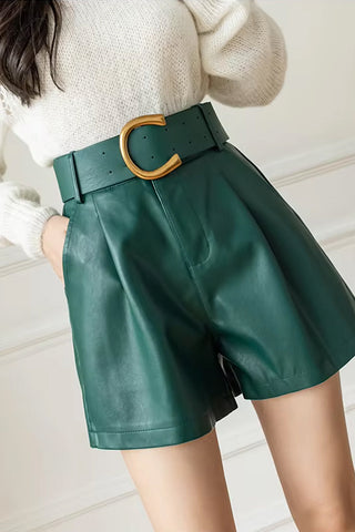 High Waist Elegant Belt Office Leather Shorts