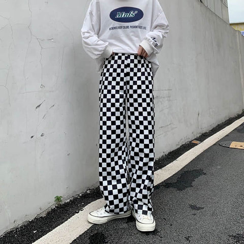High Waist Loose Plaid Checkerboard Pants