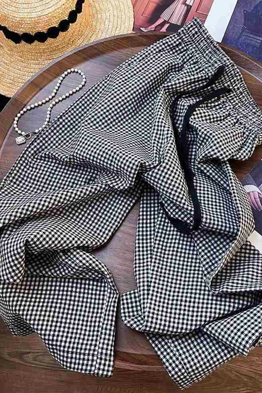 Elastic Waist Drawstring Plaid Pattern Long Pants