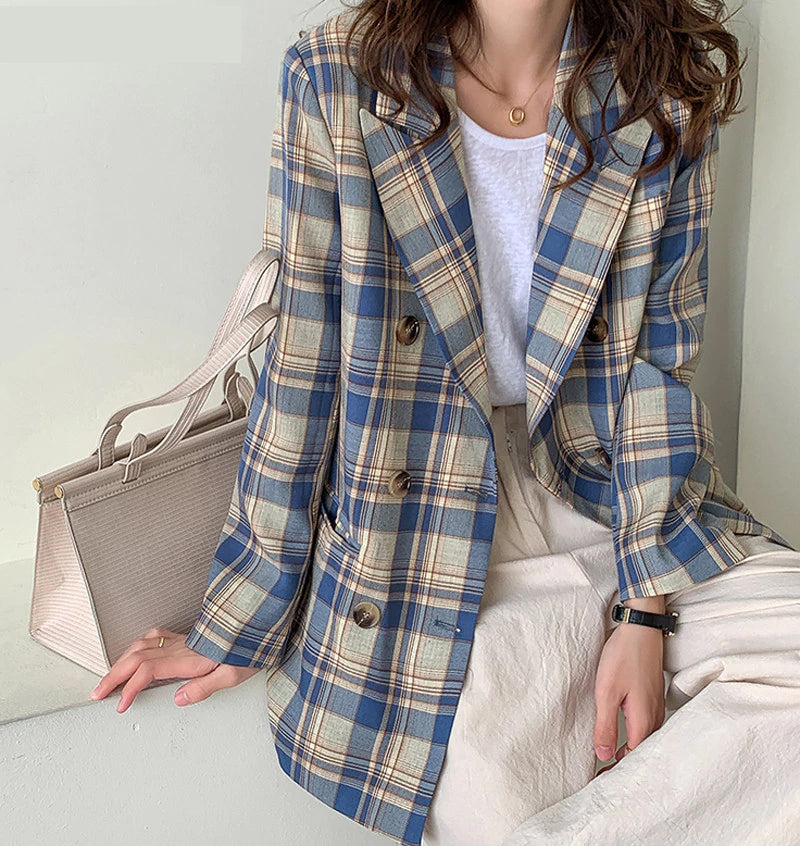 Vintage Double Breasted Plaid Blazer Coat