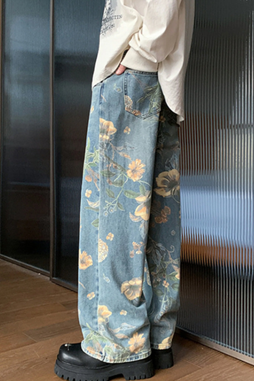 High Waist Loose Flowers Pattern Men Jeans Pants