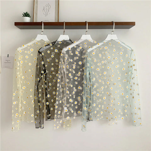 Blusa de manga larga con estampado floral de malla 