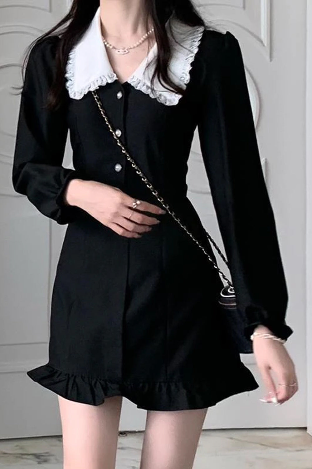 Long Sleeve Peter Pan Collar Ruffle Mini Dress