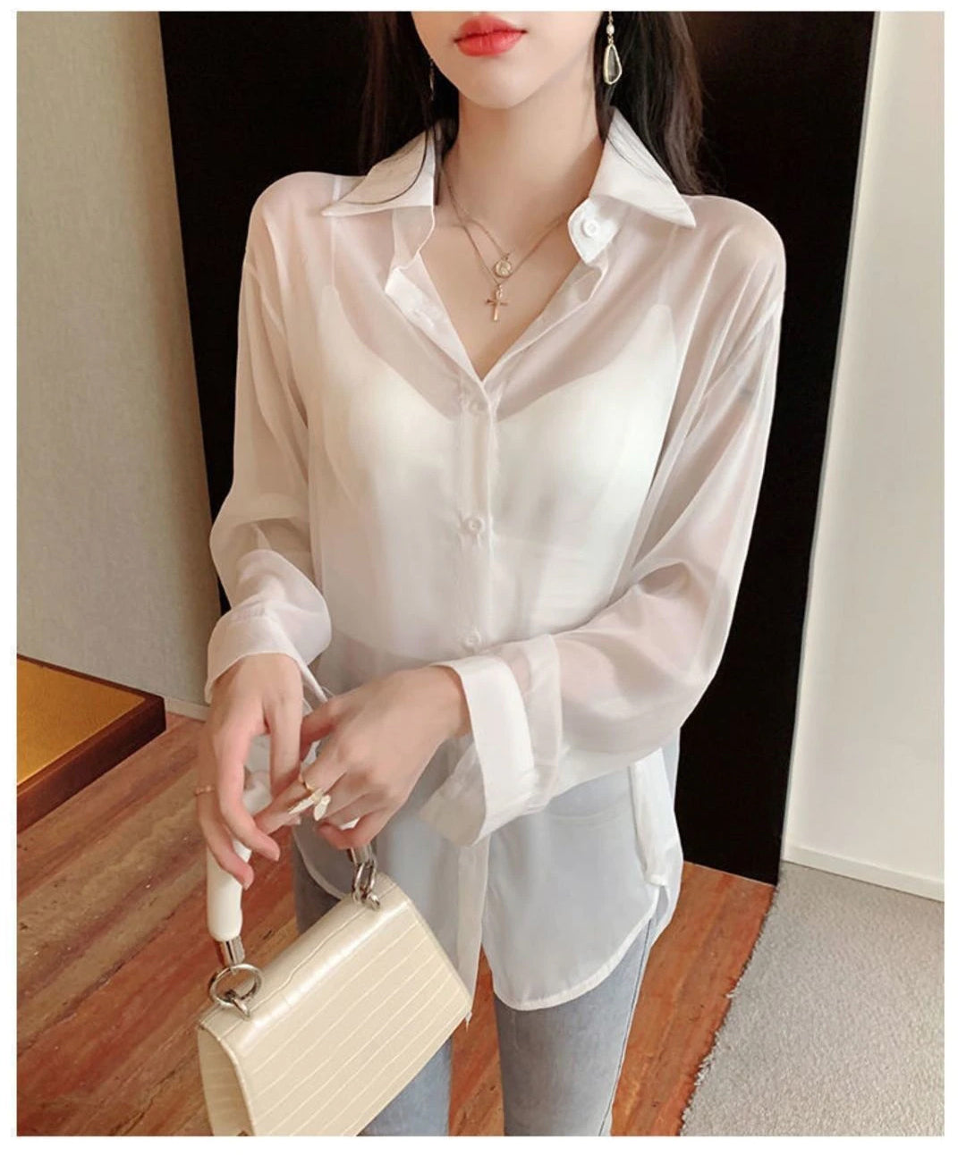 Camisa blusa transparente con lazo en la espalda suelta 