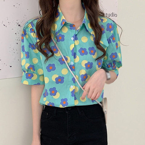 Cartoon Floral Printed Retro Blouse Shirt
