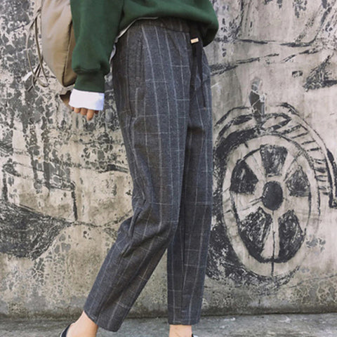 High Waist Elegant Slim Ankle Plaid Pants