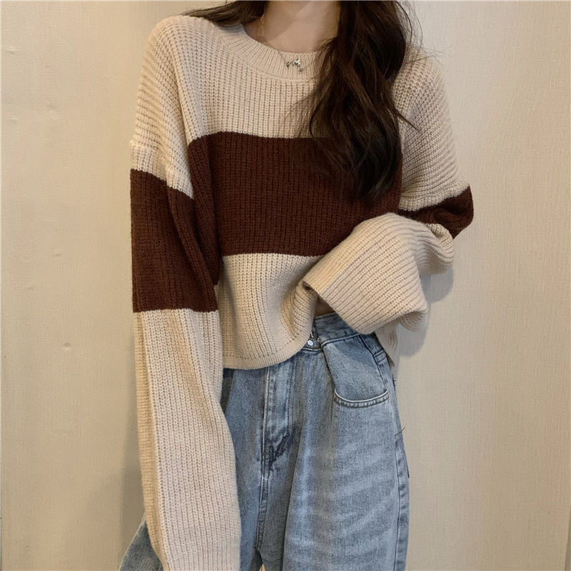Loose Casual Patchwork Cropped Sweater