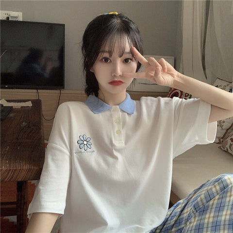 Daisy Floral Pocket Embroidered Collar Shirt