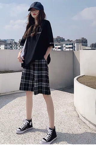 High Waist Black Plaid Cotton Summer Shorts Pants