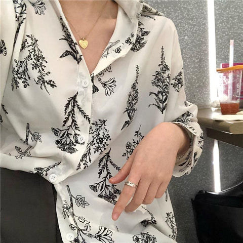 Flower Printed Retro Slim Loose Blouse Shirt