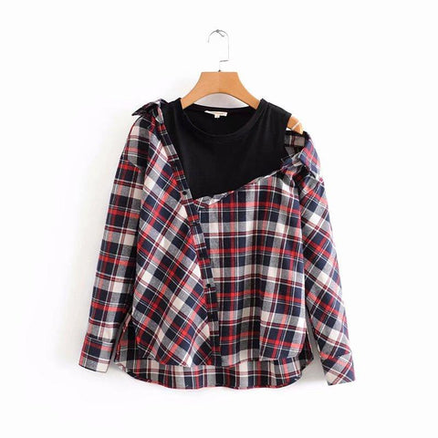 Vintage Women Plaid Irregular Loose Shirt