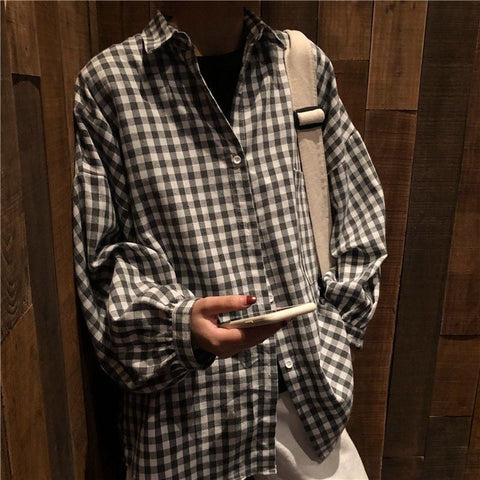 Retro Plaid Long Sleeve Loose Shirt