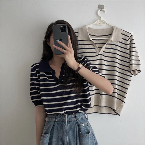 Stripe Knitted Turn Down Collar Shirt
