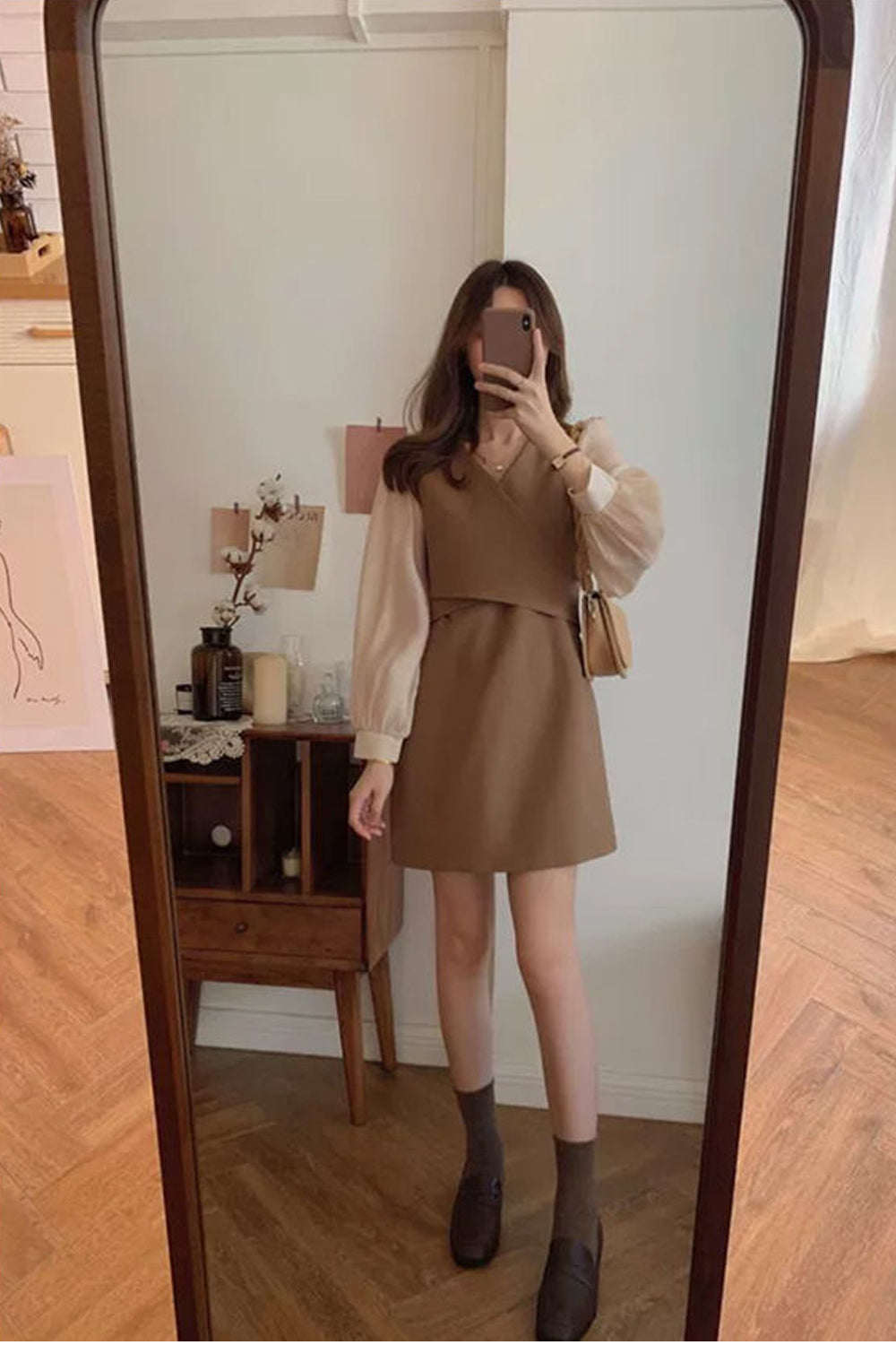 Long Sleeve Panelled Color Elegant Mini Dress