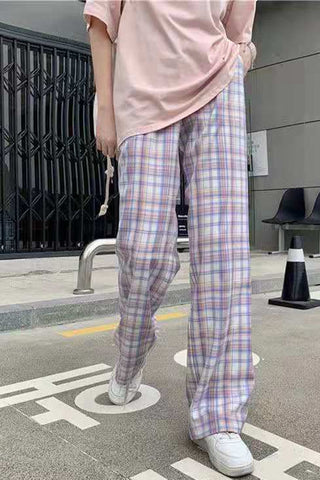High Waist Cute Purple Plaid Long Pants