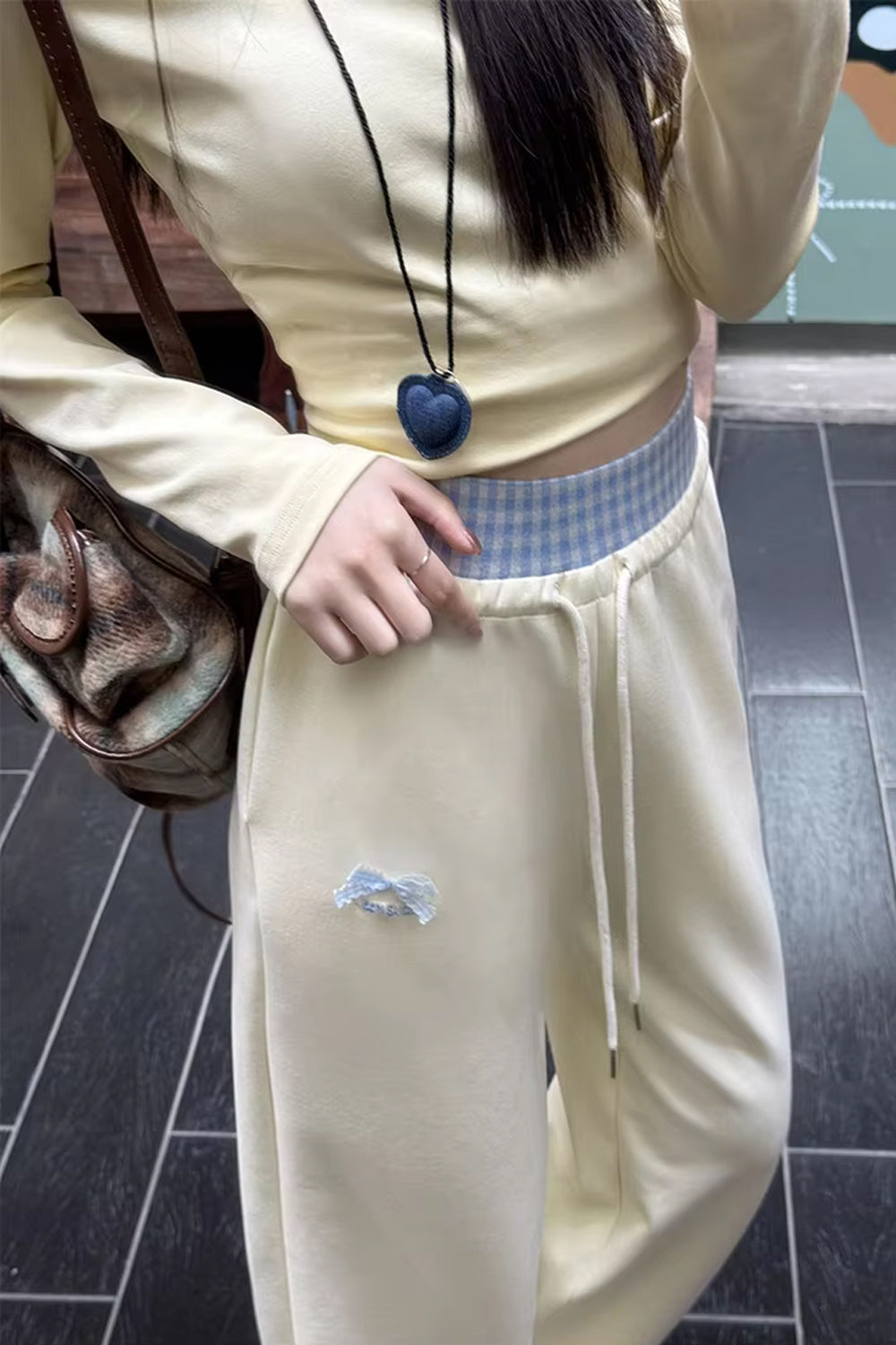 Cute Bow Plaid Waist Patchwork Loose Pants