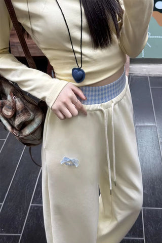 Cute Bow Plaid Waist Patchwork Loose Pants
