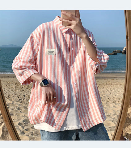 Half Sleeve Pink Striped Men Blouse Shirt