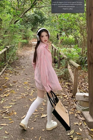 Long Sleeve Elegant Pink Striped Blouse Shirt
