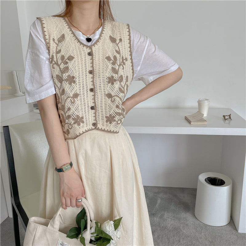 Floral Embroidered Elegant Knitted Vest Sweater