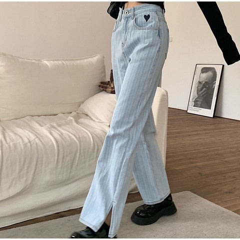 High Waist Striped with Little Split Leg Flare Jeans