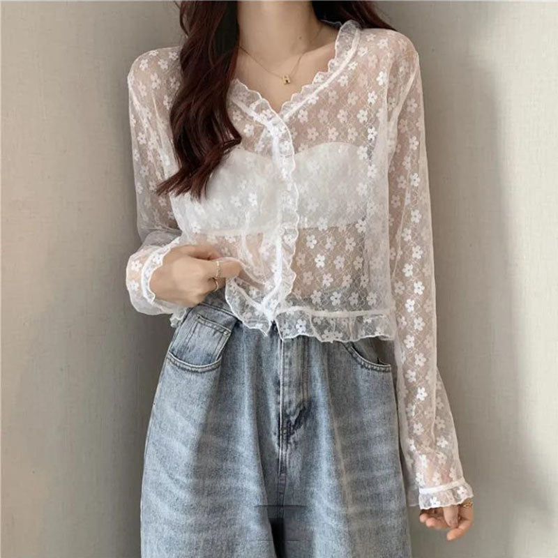 Long Sleeve Lace Transparent Blouse Shirt