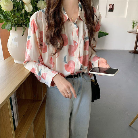 Long Sleeve Peach Full Printed Blouse Shirt