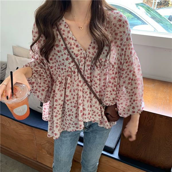 Long Sleeve V-Neck Chiffon Floral Loose Shirt