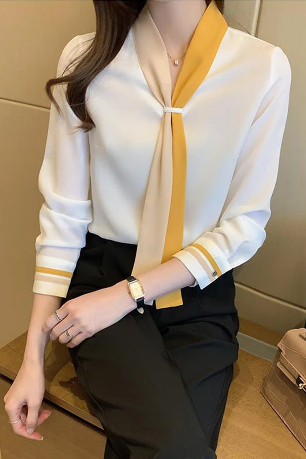 Long Sleeve Scarf Bow Chiffon Office Blouse Shirt