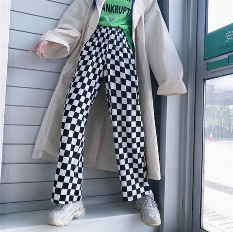 Retro Checkered Pattern Loose Pants