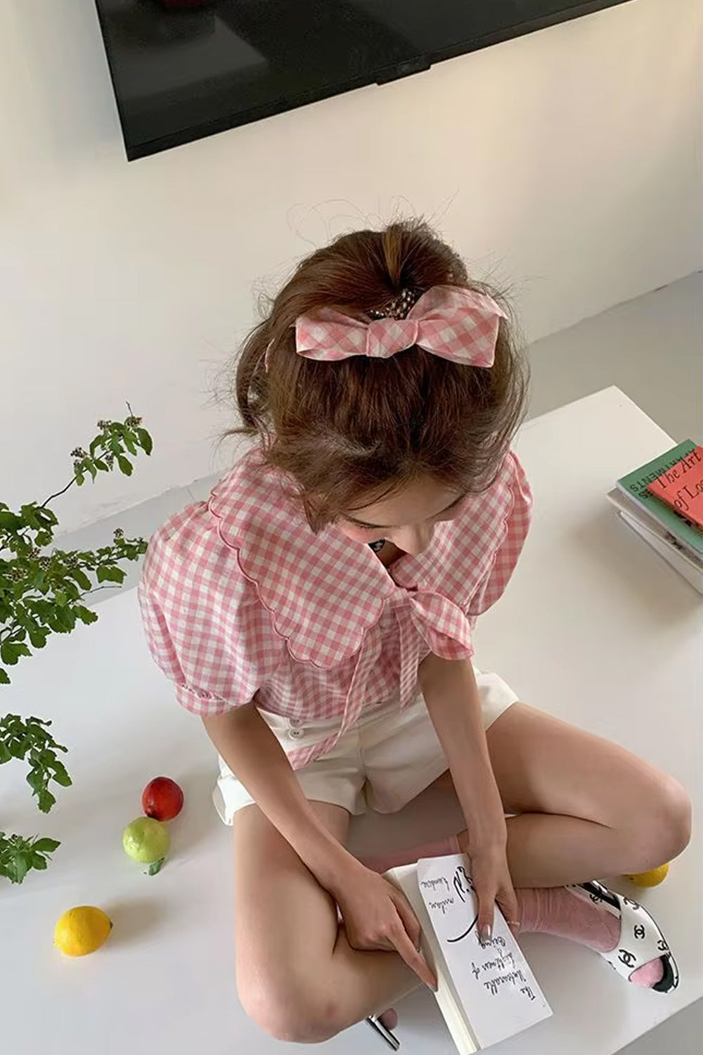 Puff Sleeve Pink Plaid Bow Shirt