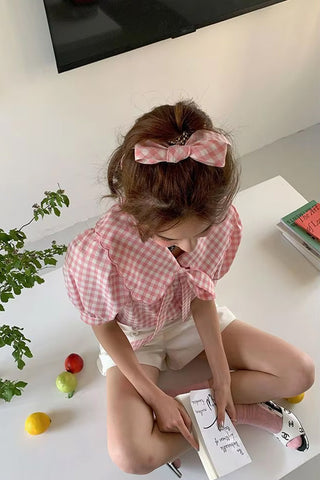 Puff Sleeve Pink Plaid Bow Shirt