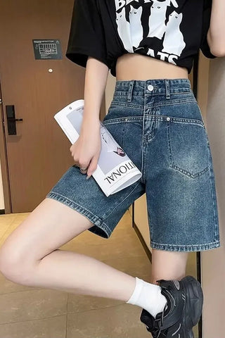 High Waist Double Pockets Style Denim Shorts