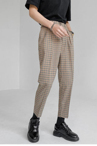 Vintage Plaid Elastic Waist Ankle Length Men Pants