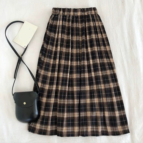 Elastic Waist Solid Plaid Pleated Long Skirts